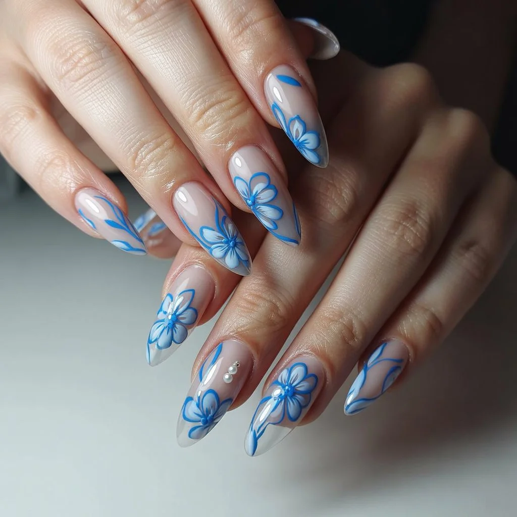 Cool Blue Floral Outline Nails