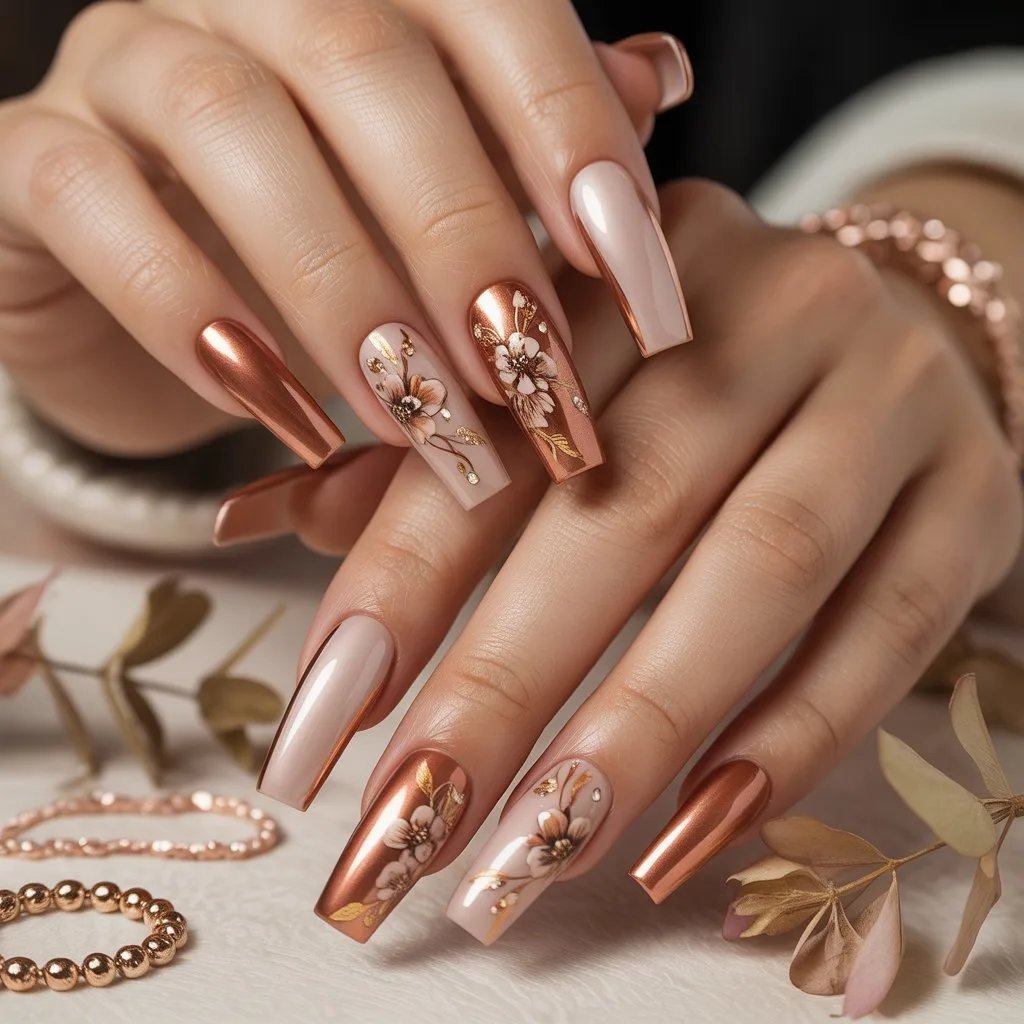 Copper Blossom Accent Nails