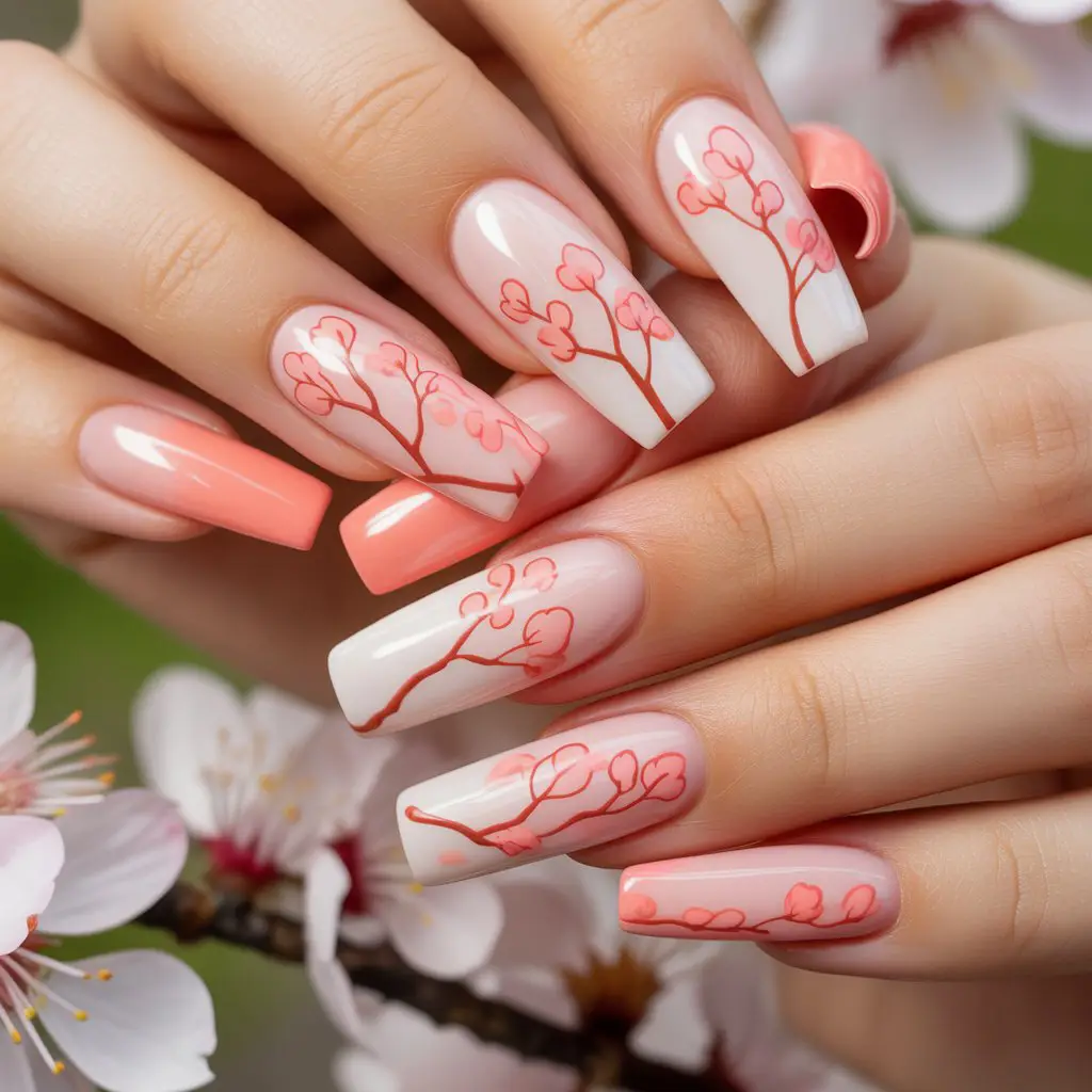 Coral Blossom Outline Nails