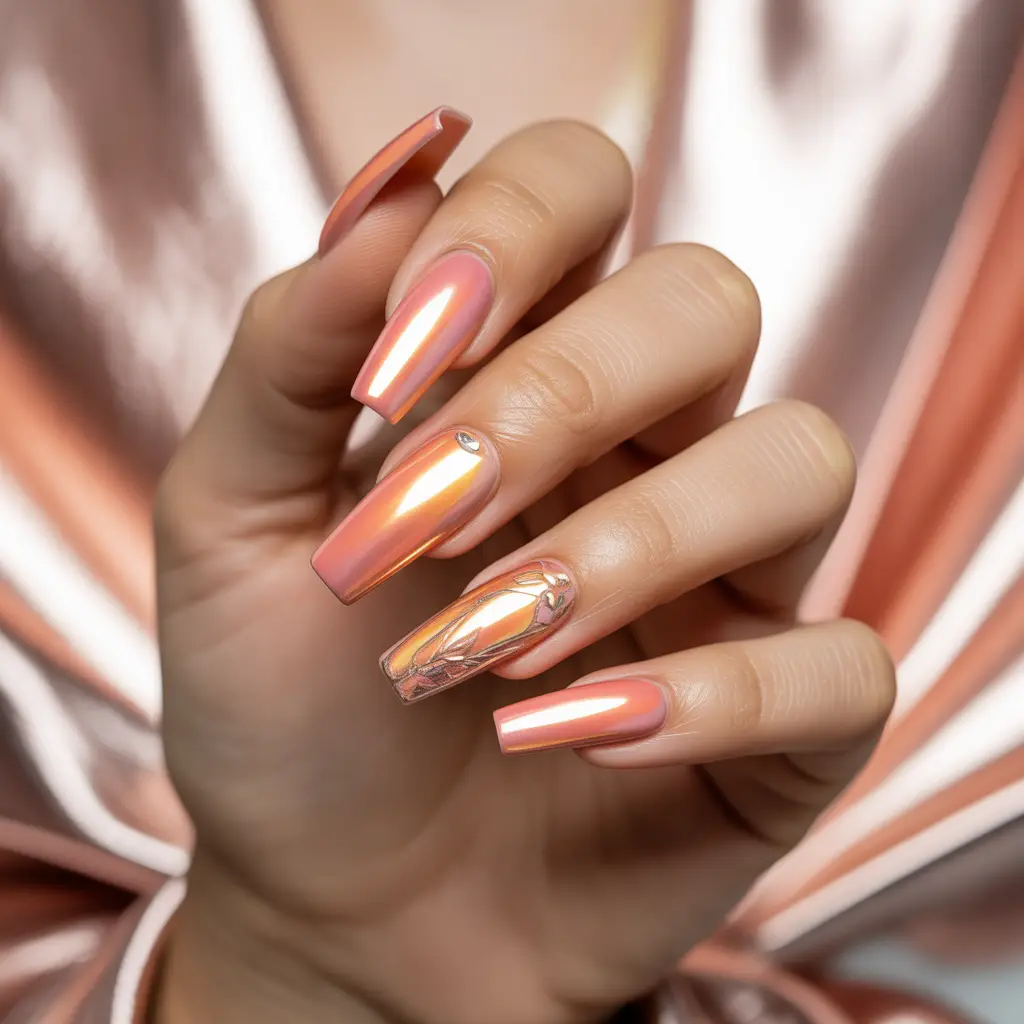 Coral Chrome Magic nails