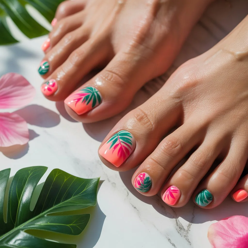 Coral-Pink Tropical Leaf Accent Nails