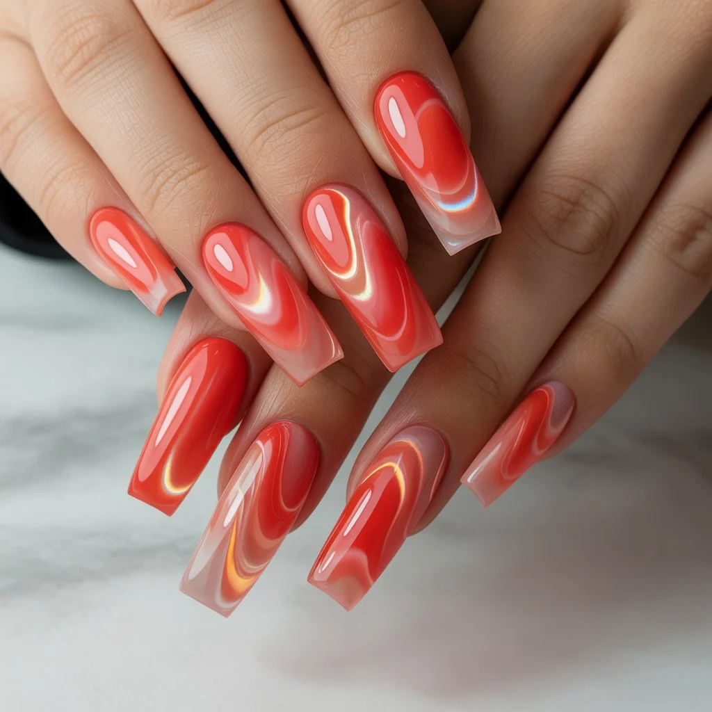Coral-Red Ripple Glass Nails