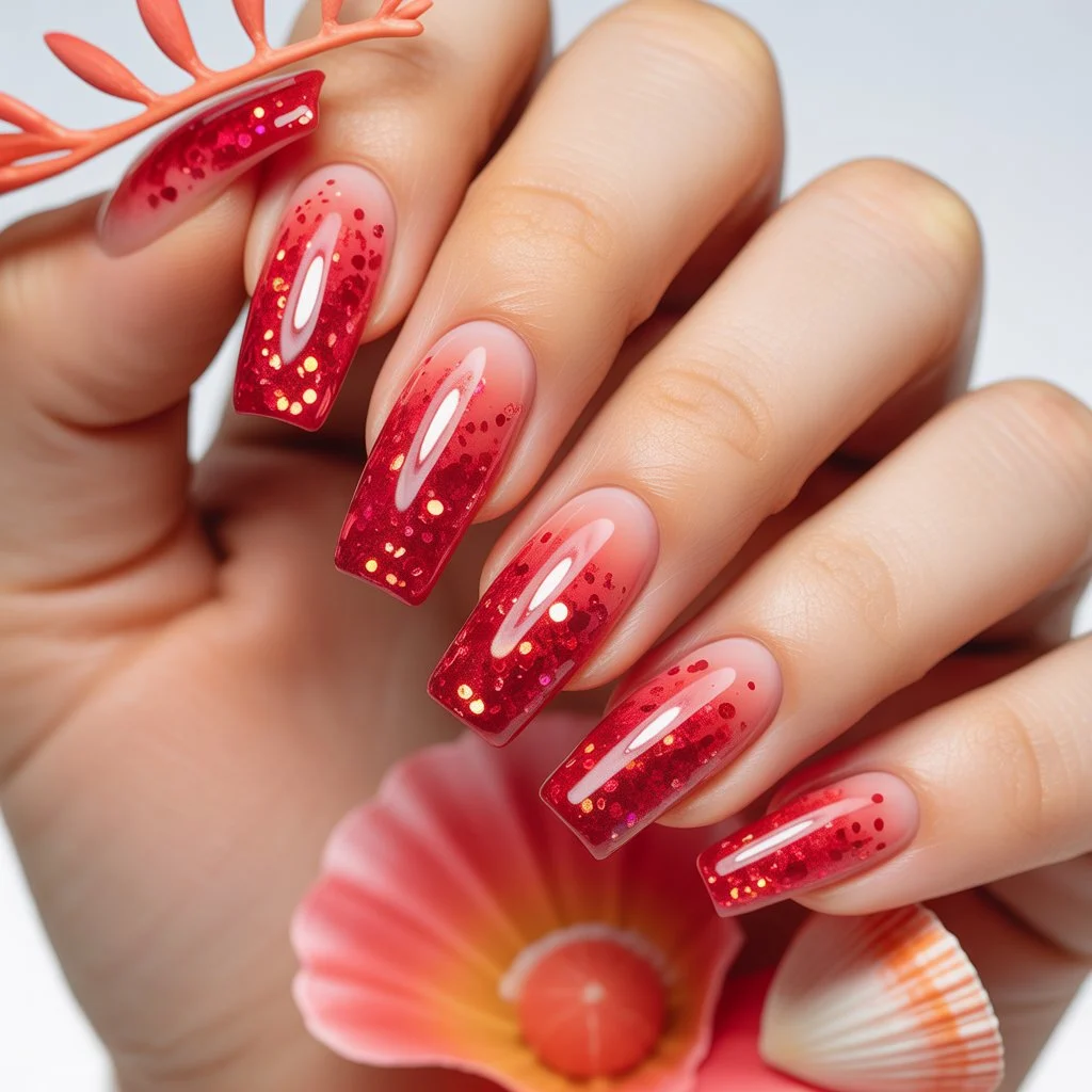 Coral Reef Micro-Glitter Red Nail