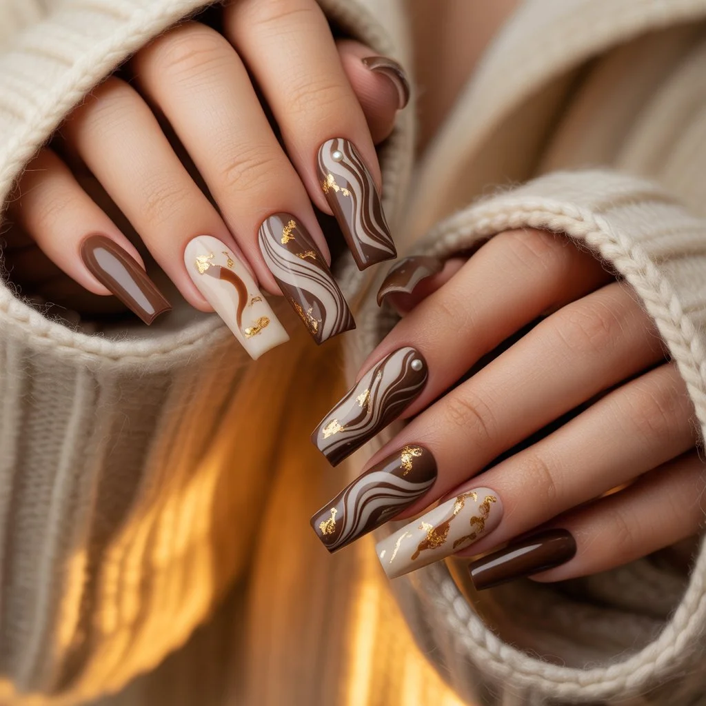 Cozy Cocoa Swirl Nails