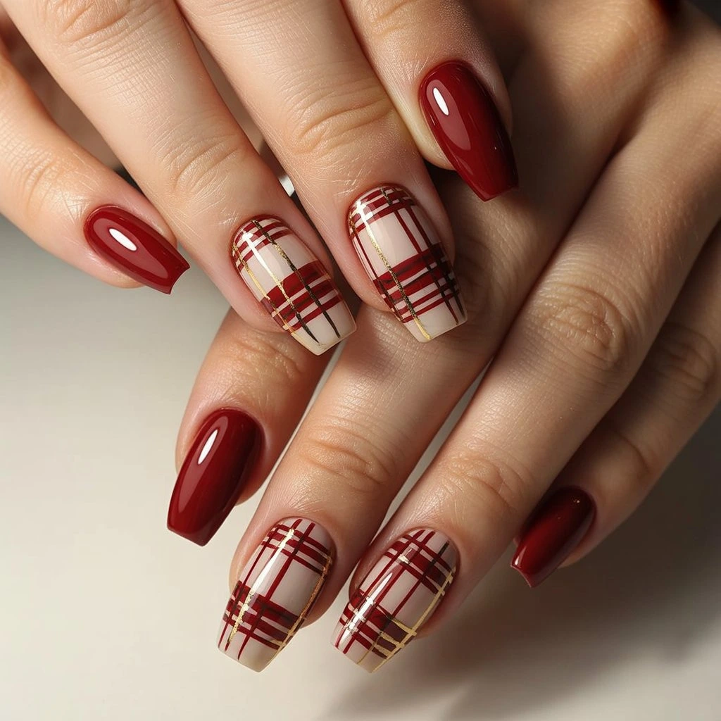 Cozy Plaid Red Acrylics Nail