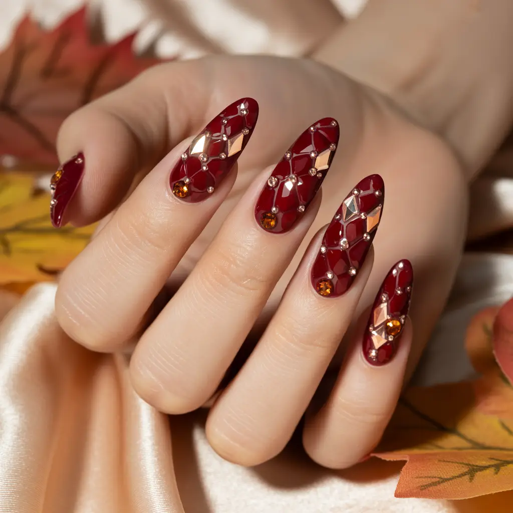 Cranberry Crystal Mosaic Nails
