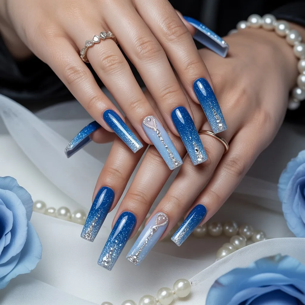 Crystal Dust Blue Ombre Nails
