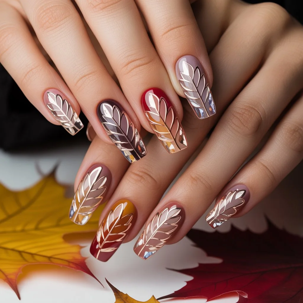Crystal Leaf Outline Chrome Nails