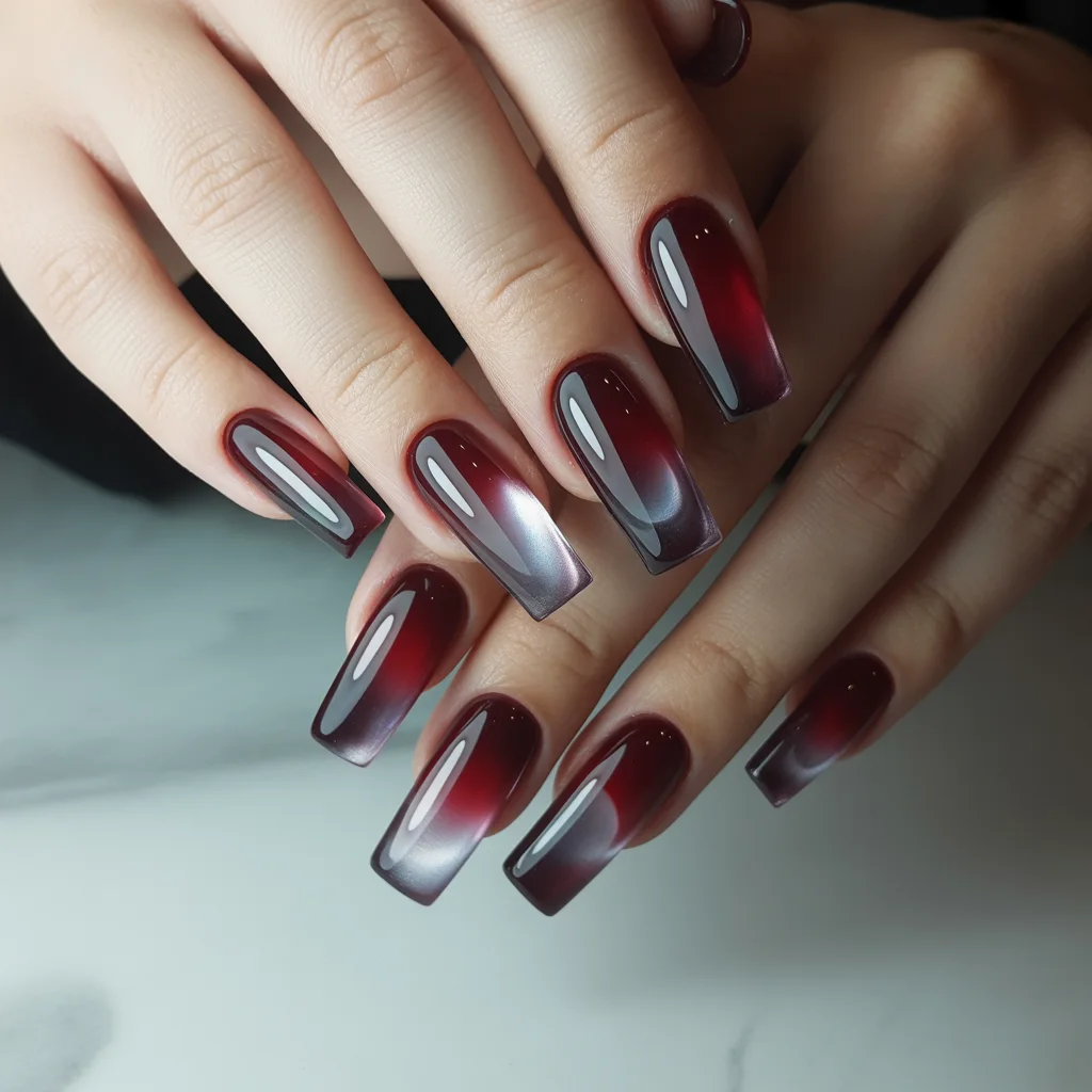 Deep Red Acrylics with Smoke-Glass Ombre Tips 