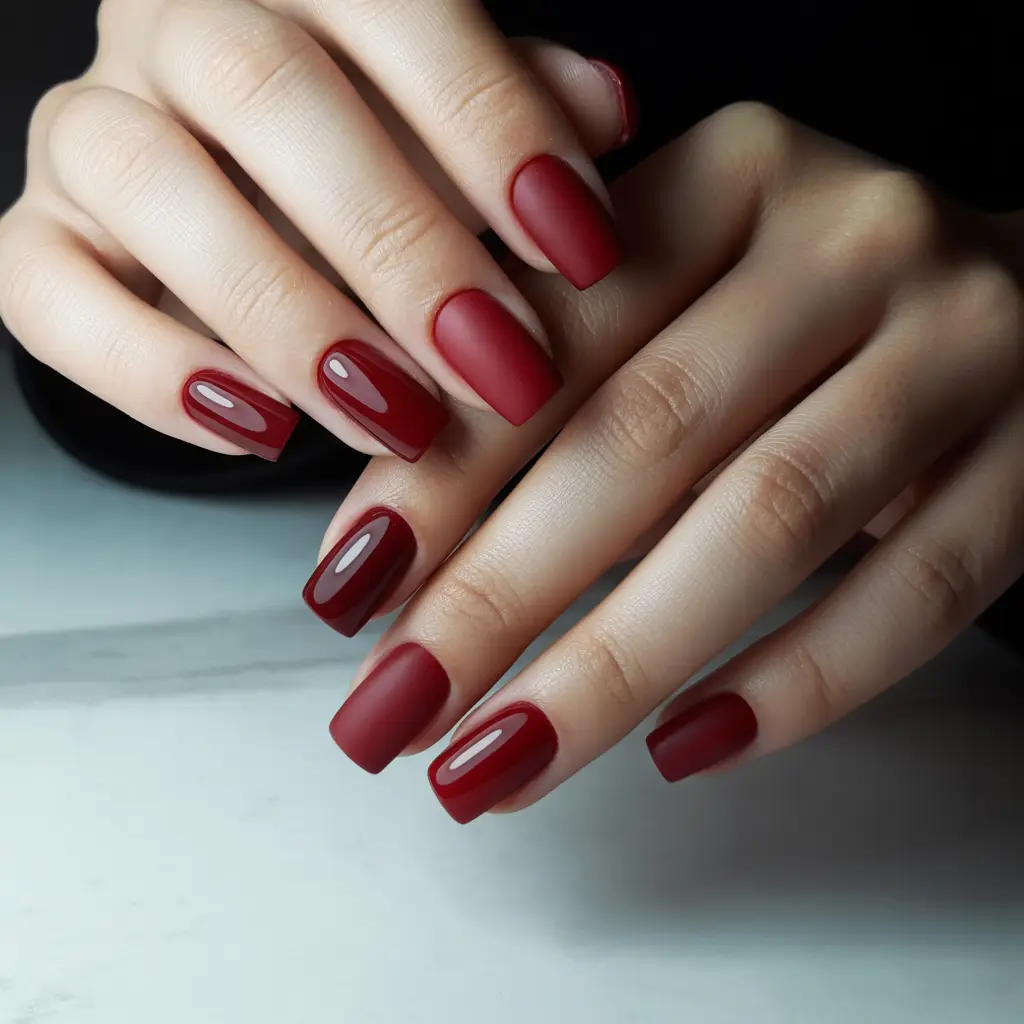 Deep Red Matte with Gloss Tips Nails