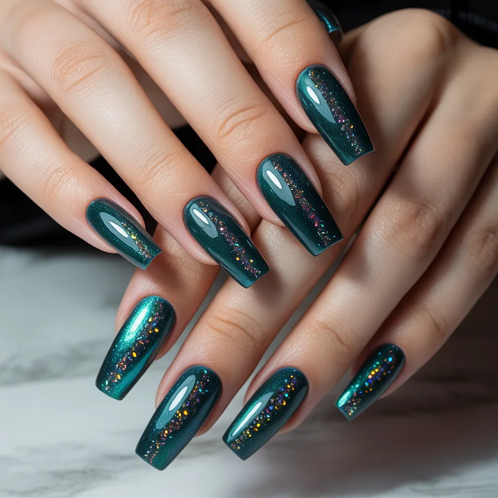 Deep Teal with Holographic Sparkle Nails