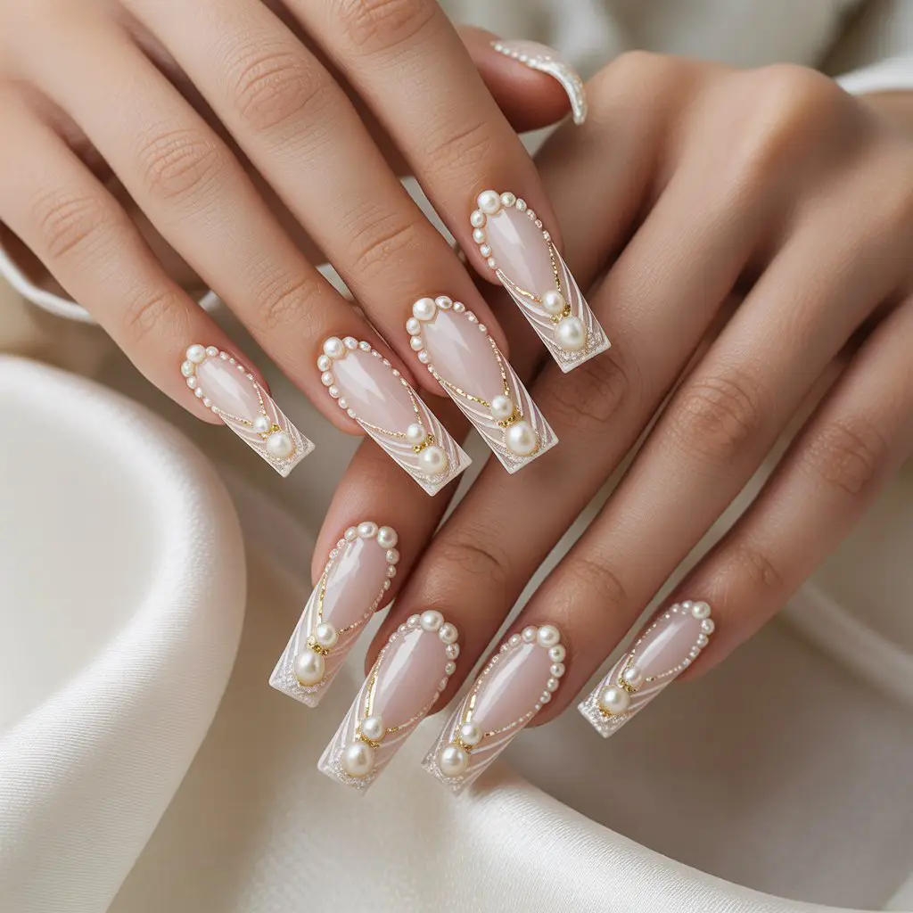 Delicate Pearl Bead Accent Nails
