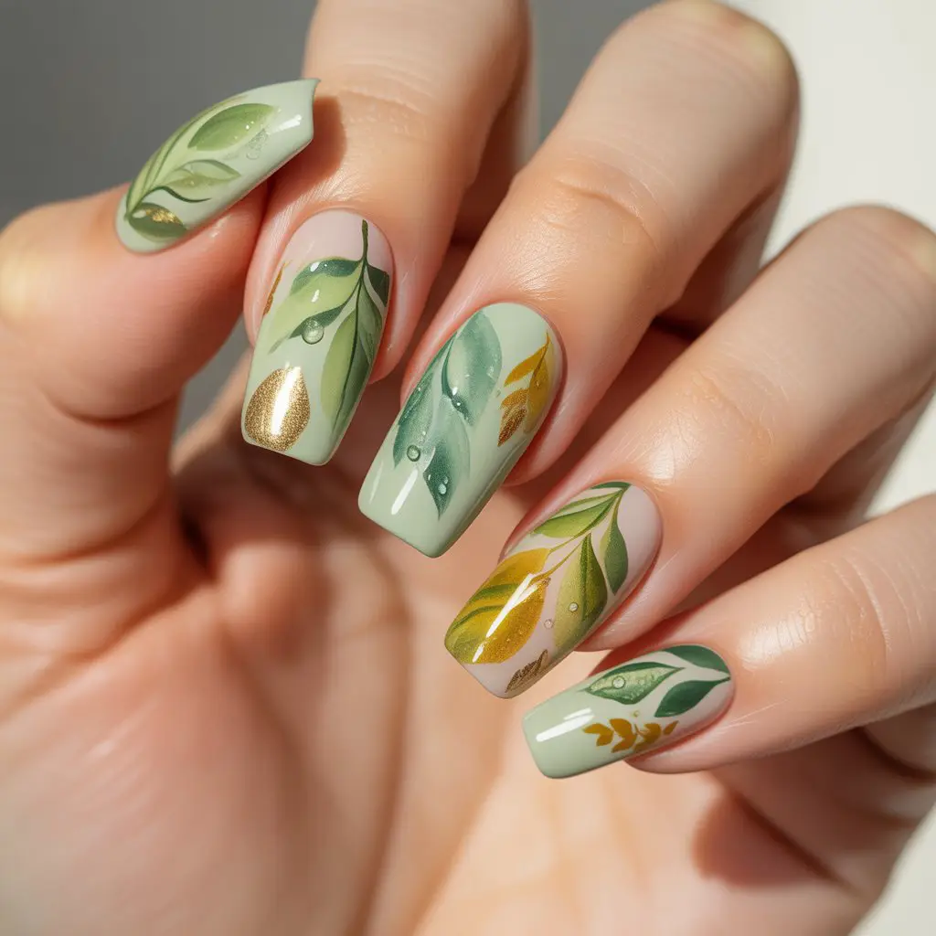 Dewy Green Watercolor Leaves Nail