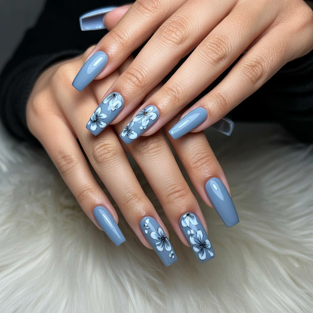 Dusty Blue Floral Art Coffins Nail