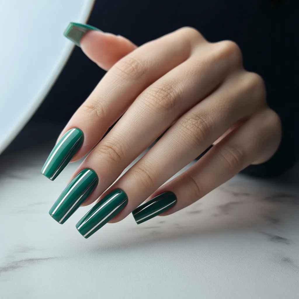Emerald with Silver Stripes Nails