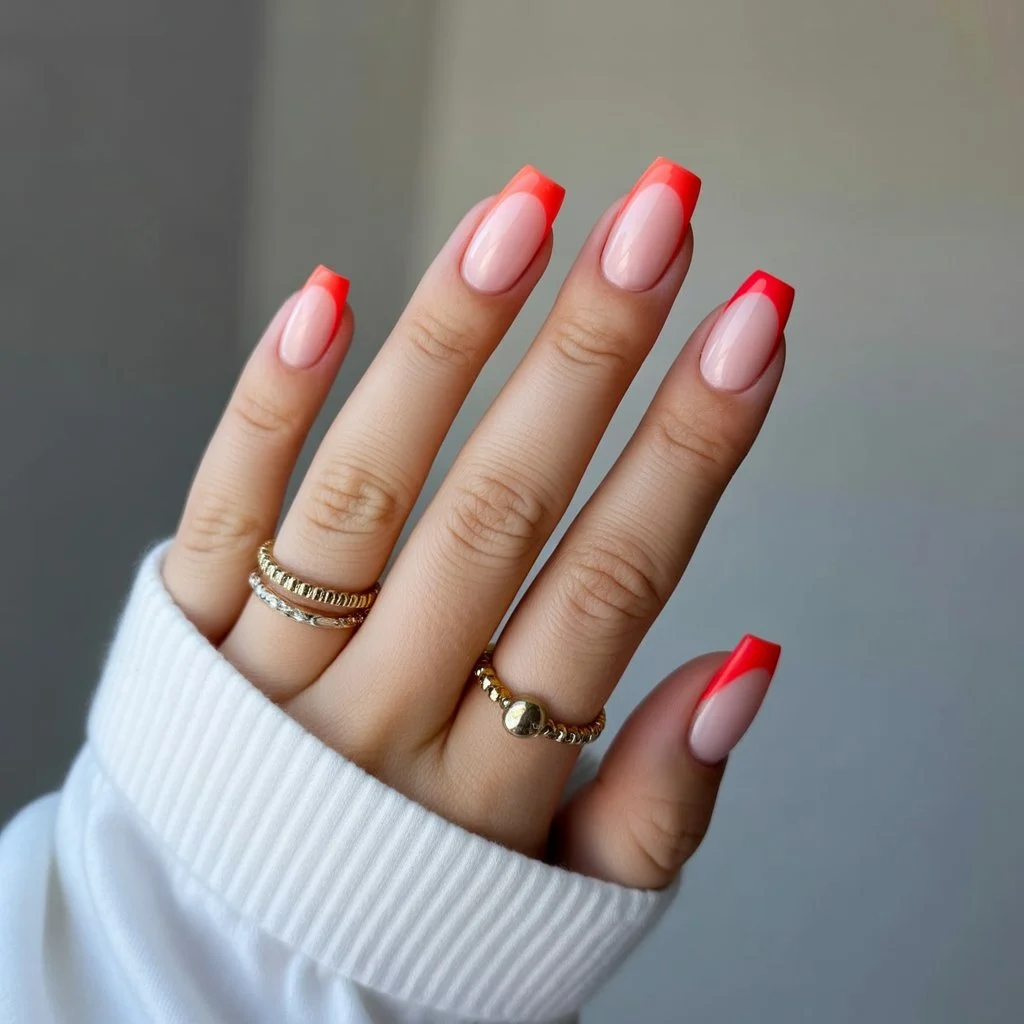 Fiery Coral French Tips Nails