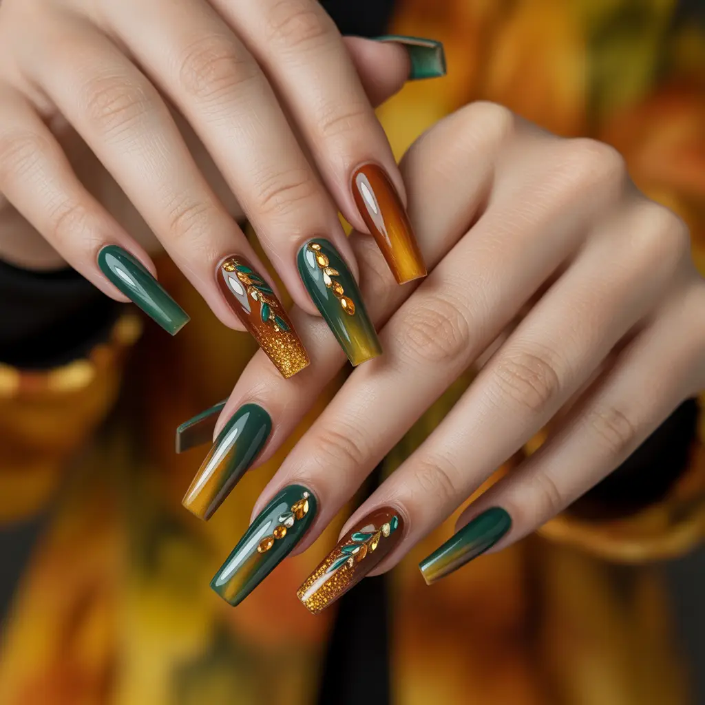 Forest Ember Rhinestone Nails