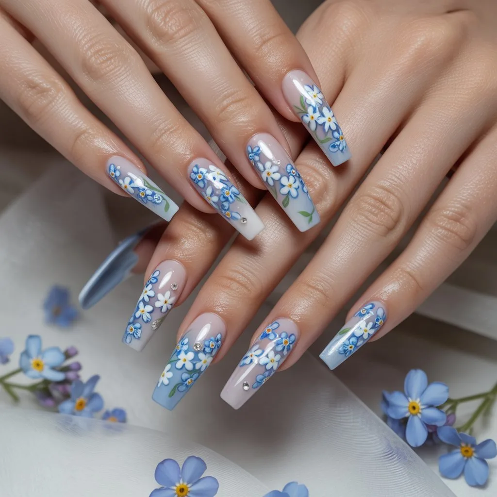 Forget-Me-Not Floral Blue Nails