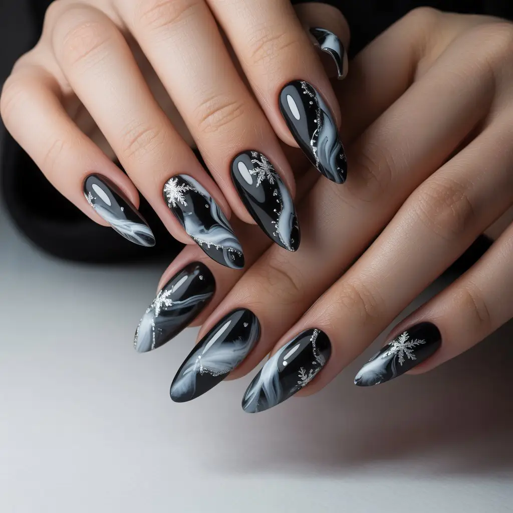 Frostbite Black & White Marble Nails
