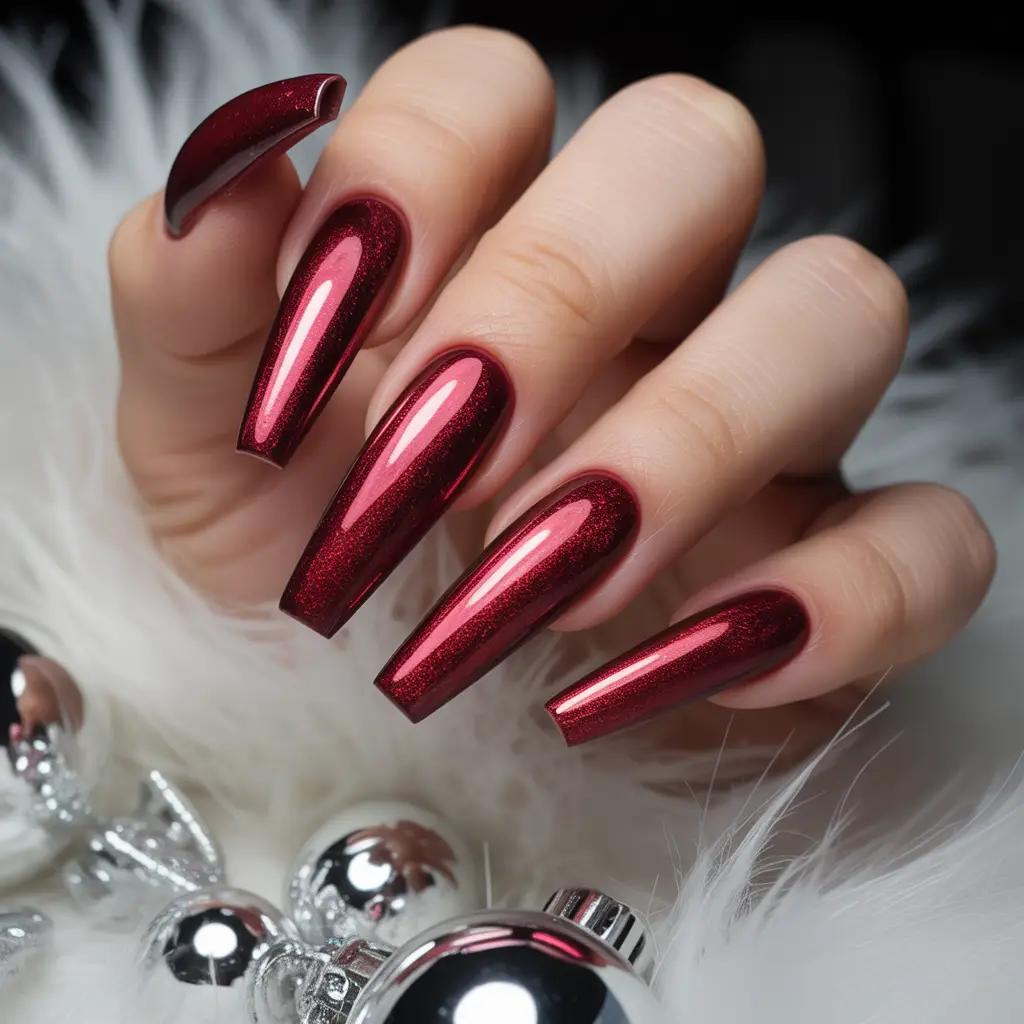 Frosted Cranberry Chrome Nails