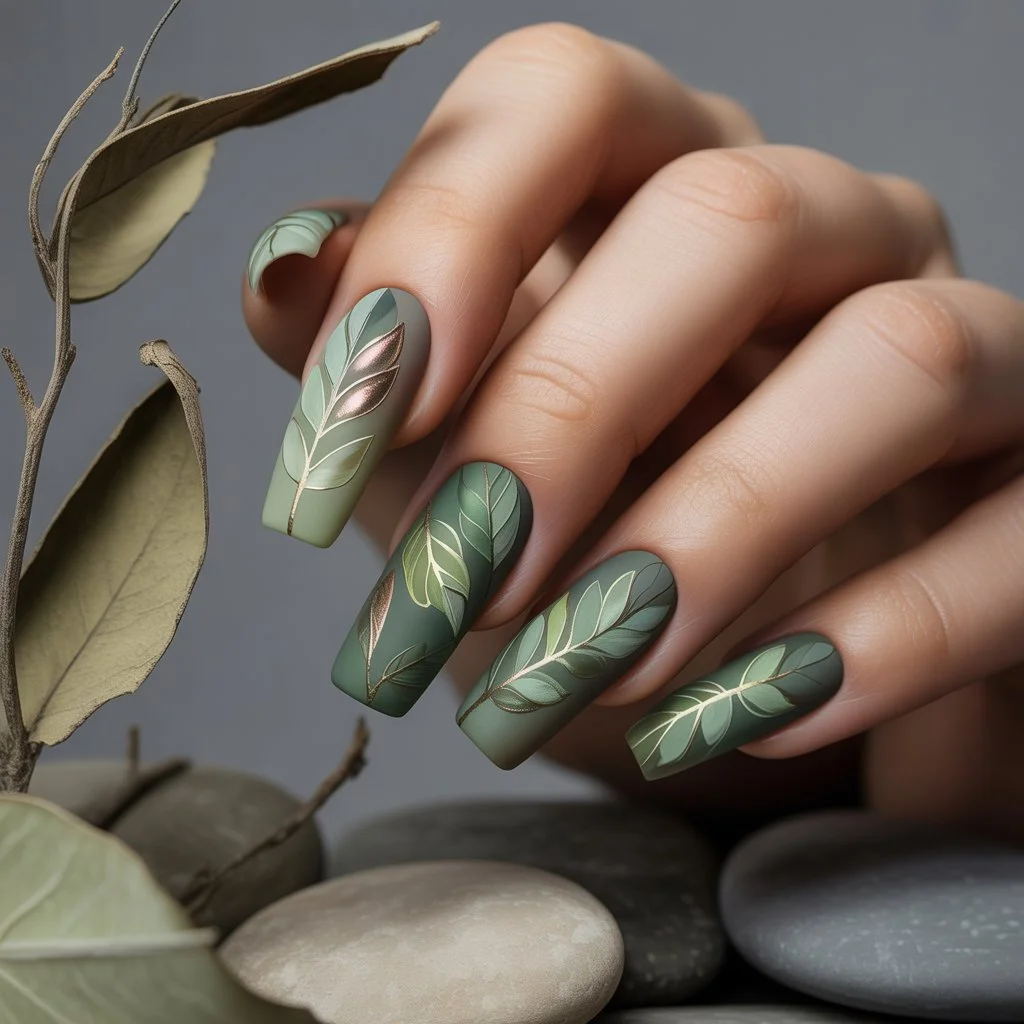 Frosty Sage Leaf Matte Nails