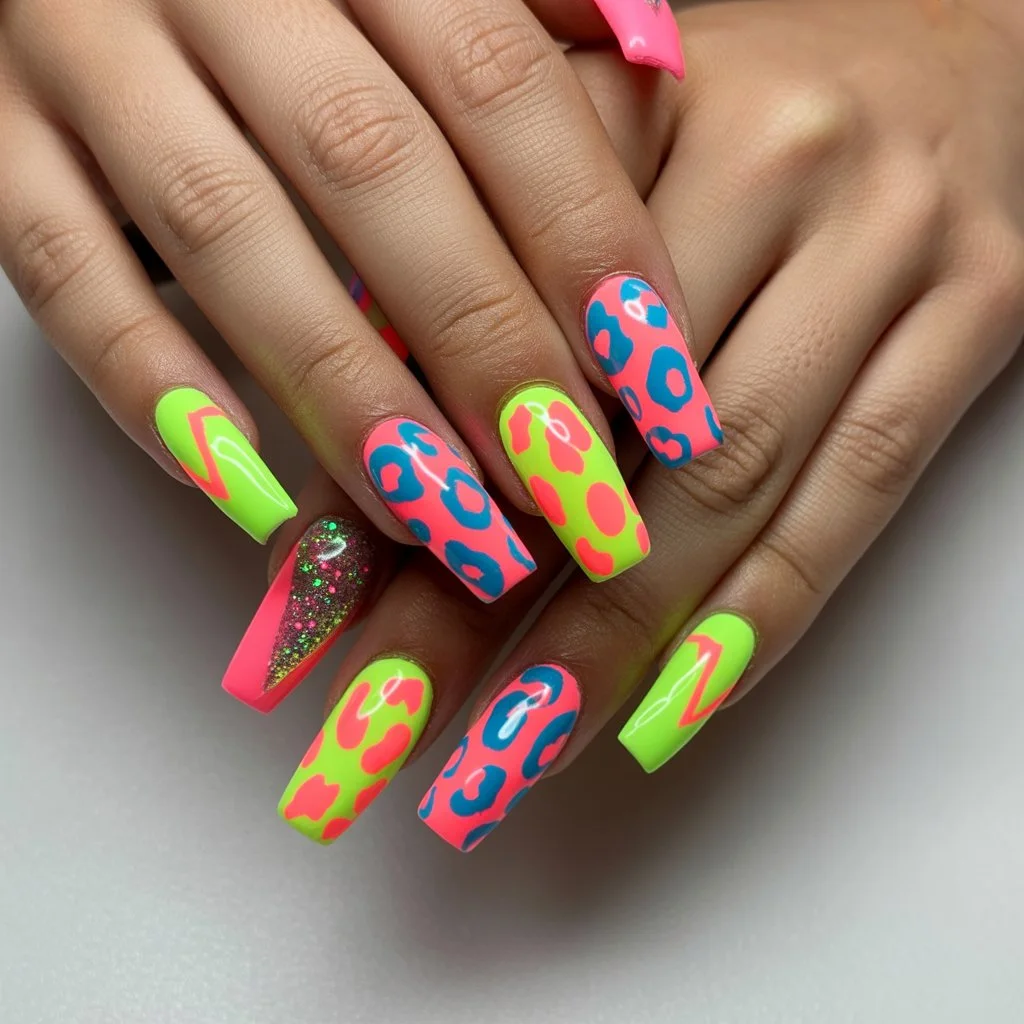 Funky Leopard Neon Nails