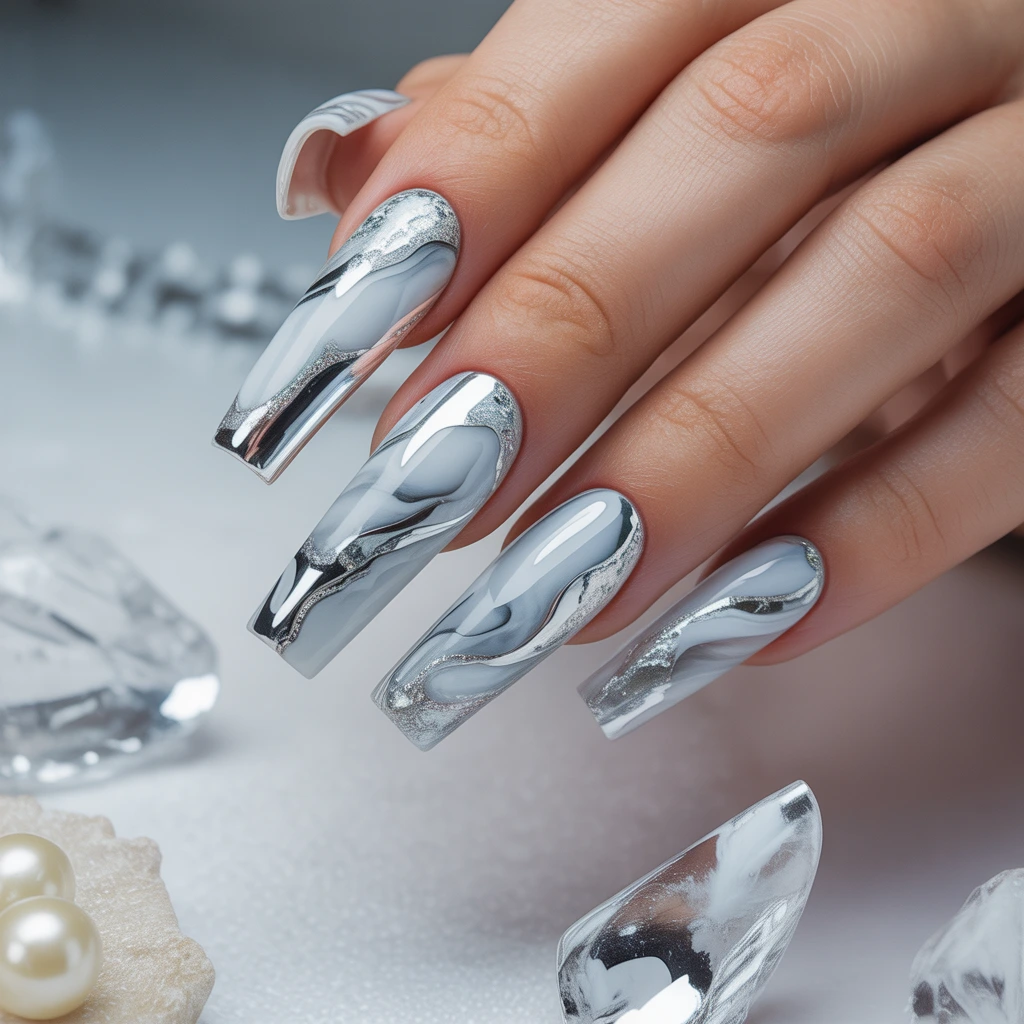 Glacial Chrome Marble Nails