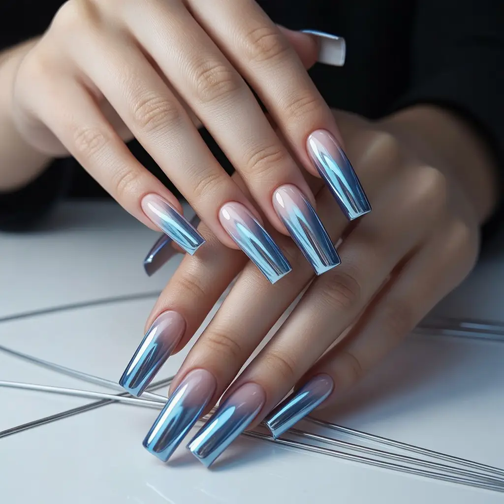 Glacier Blue Chrome Tips Nails