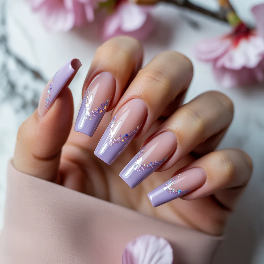 Glitter-Accented Lavender Tips Nail