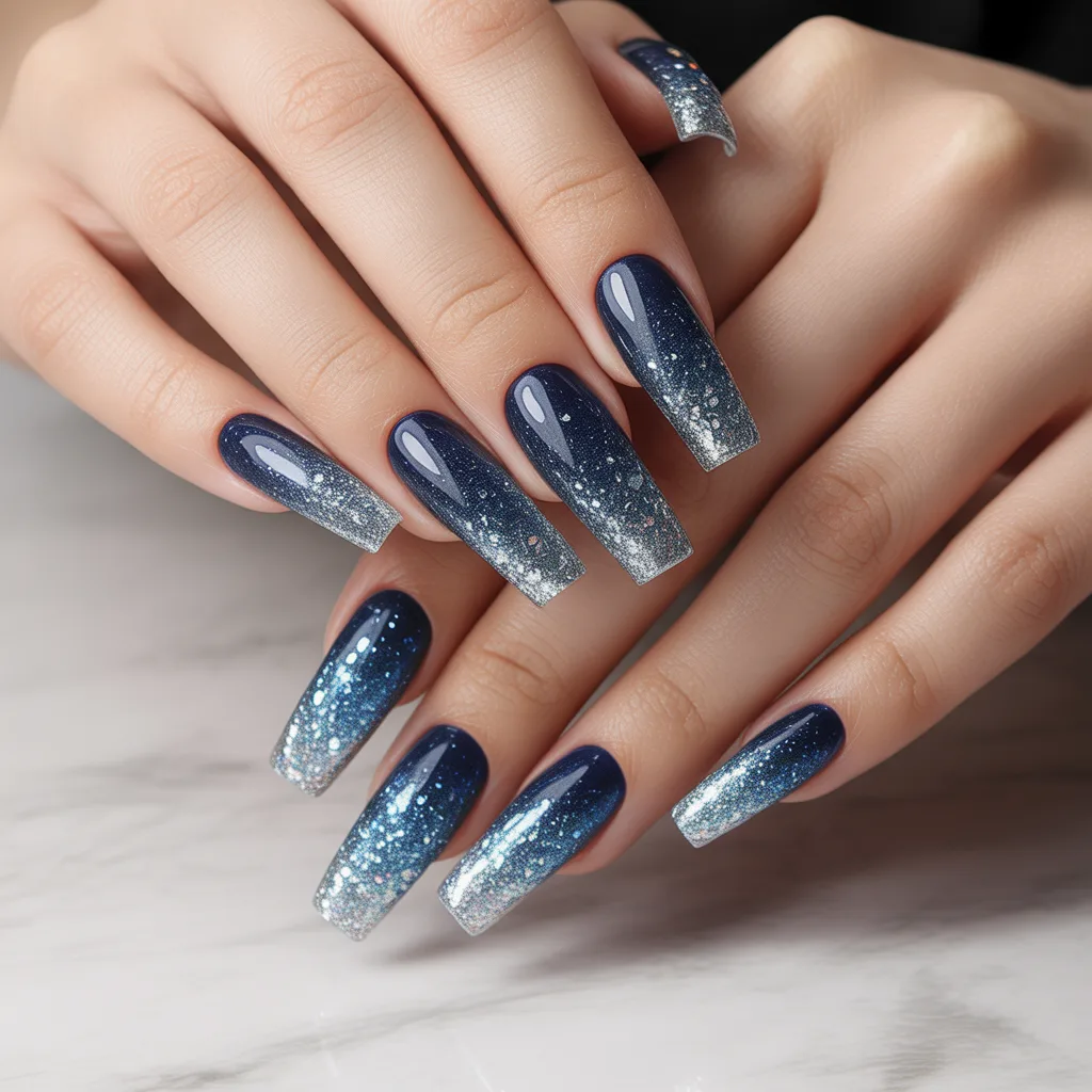 Glitter Gradient Blue Nails