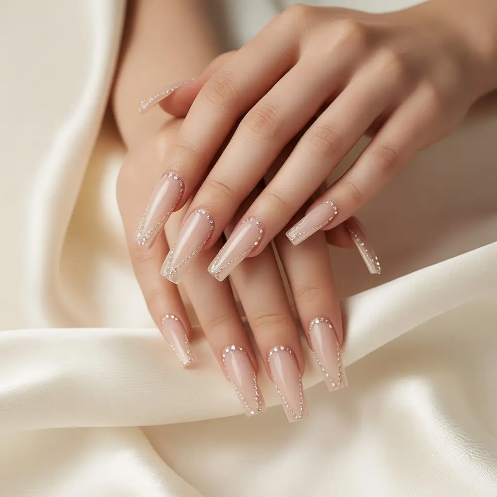 Glossy Nude with Tiny Crystal Tip Nails