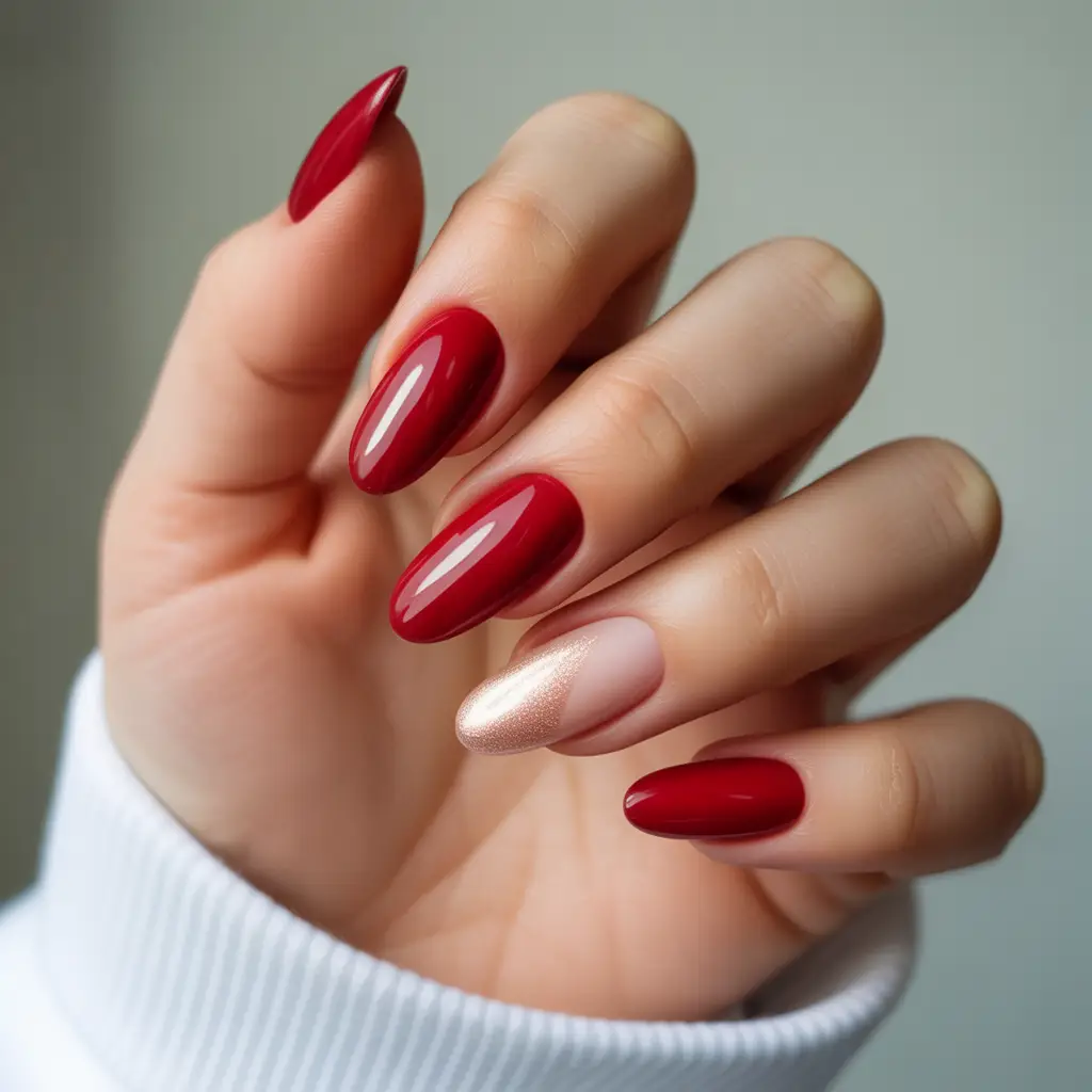 Glossy Red Almond Gel Nails