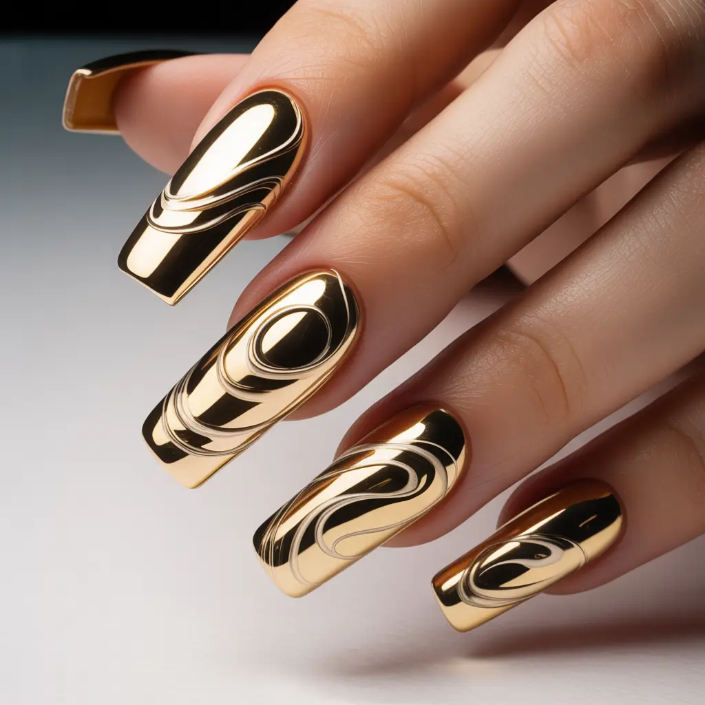 Gold Chrome Swirl Nails