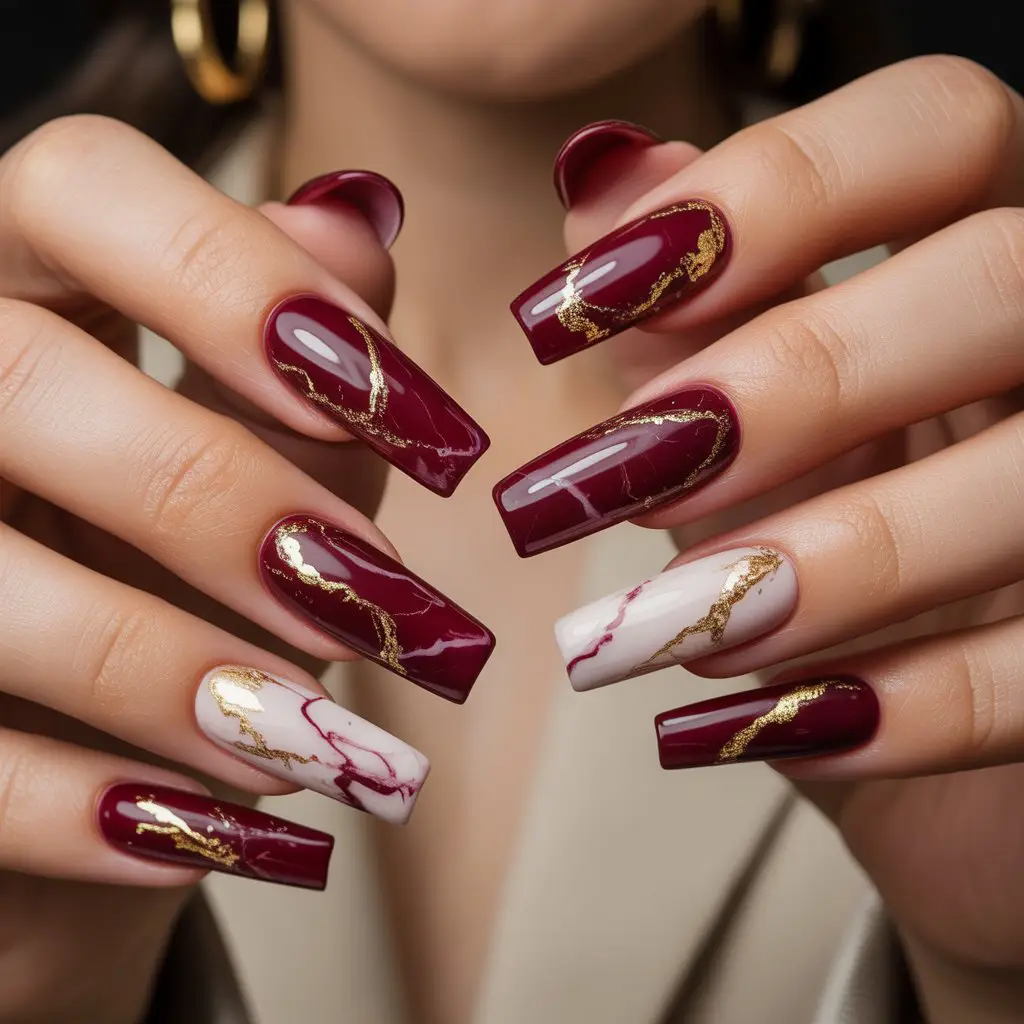 Gold-Flecked Burgundy Marble Nails