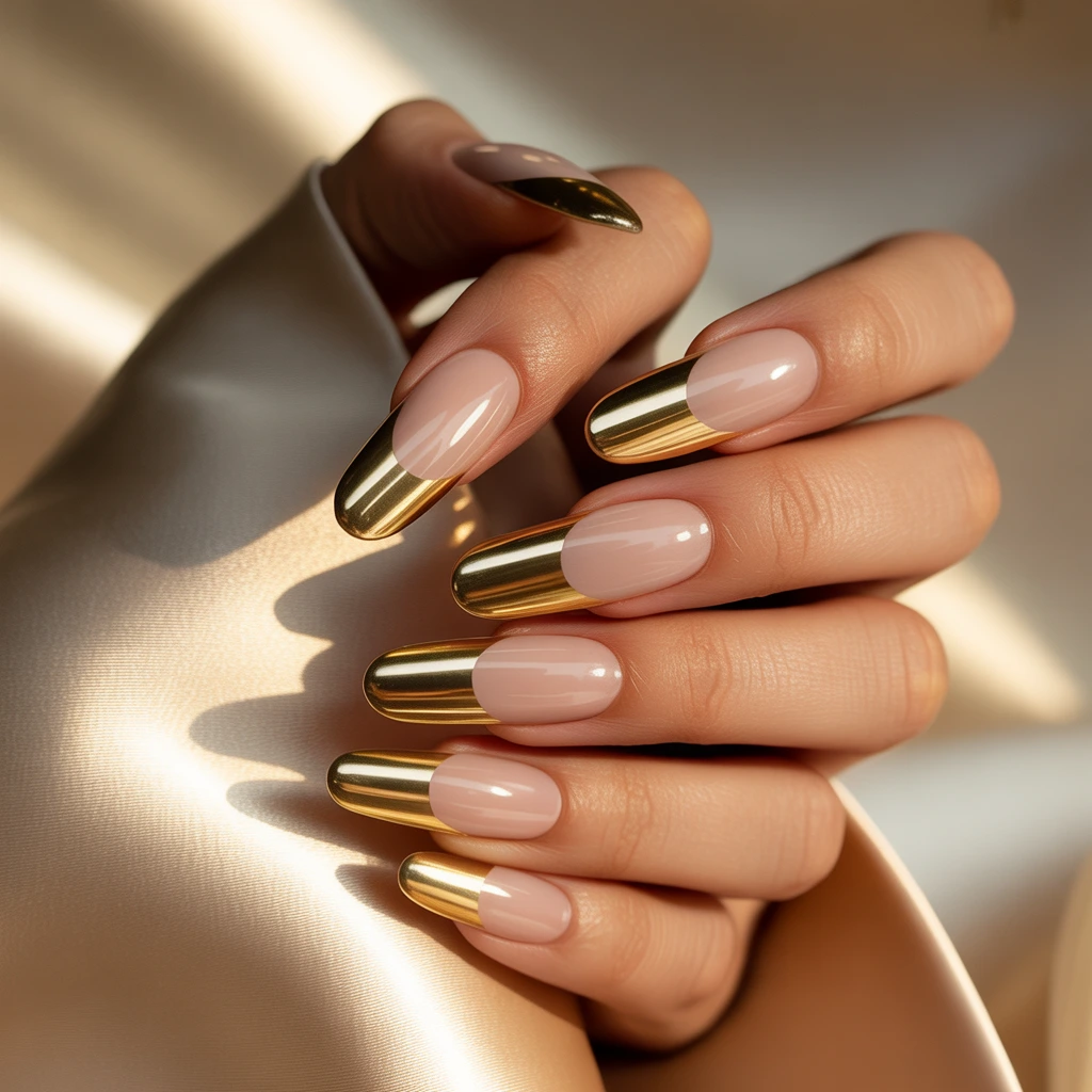 Gold Metallic French Tips Nails