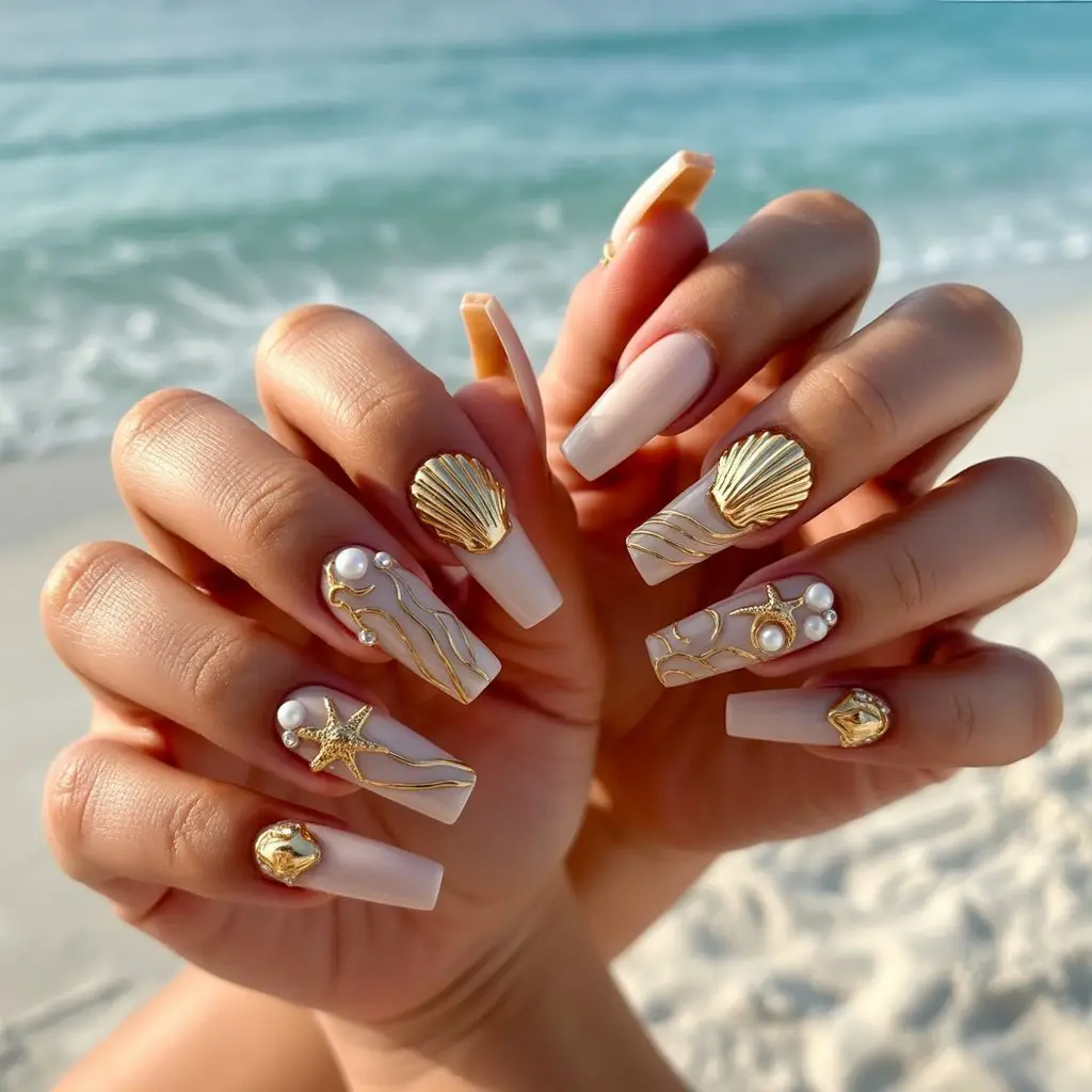 Gold Seashell Accent Nails