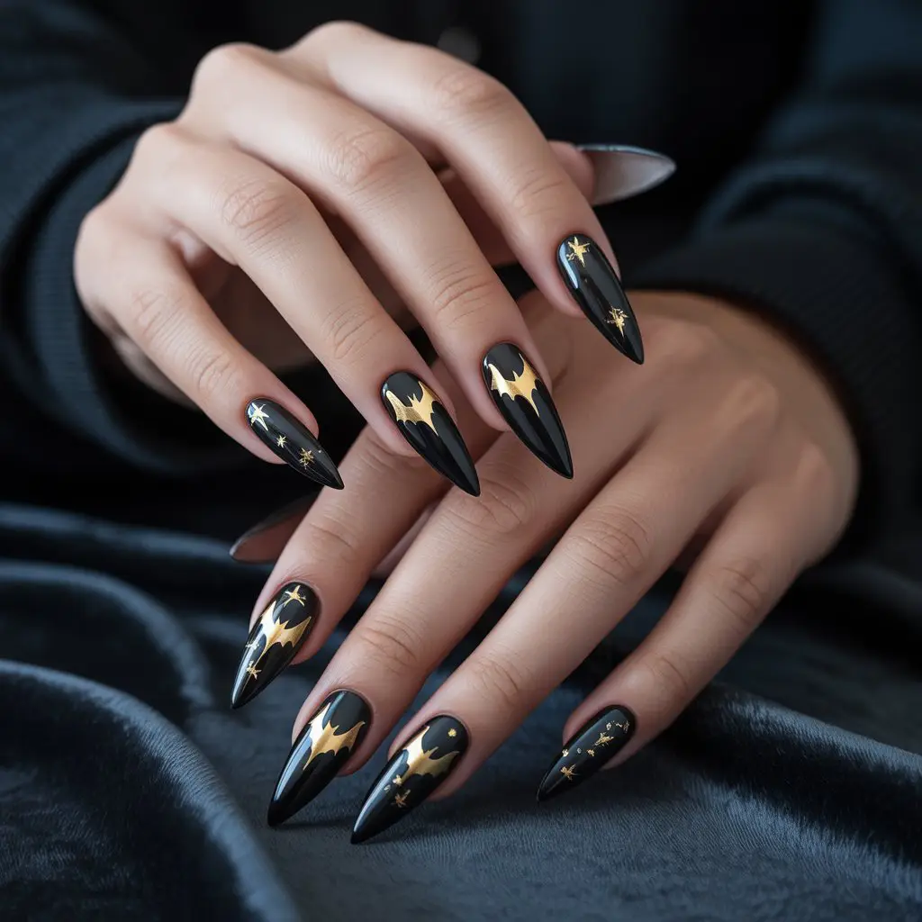Golden Bat Accent Nails