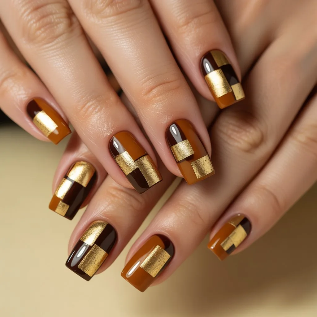 Golden Brown Foil Squares Nail