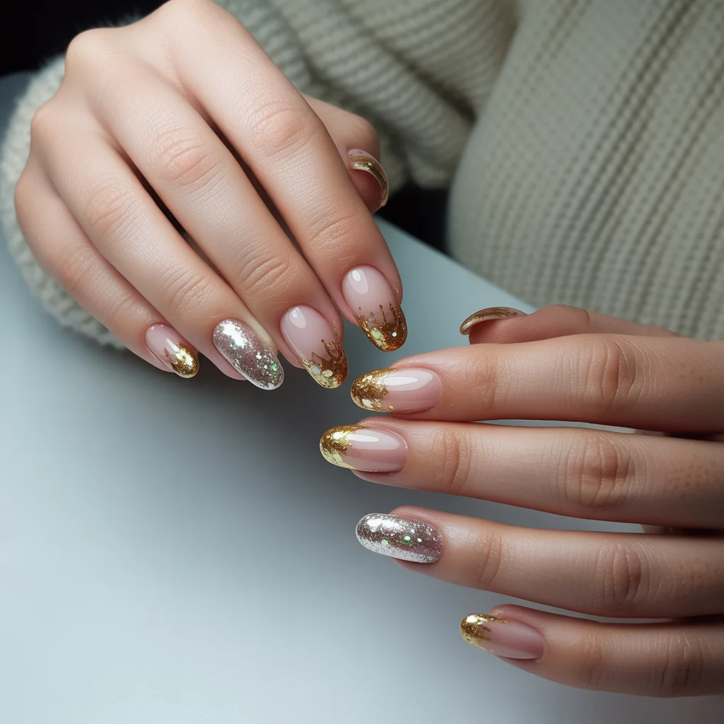 Golden Glitter Fade Gel Nails