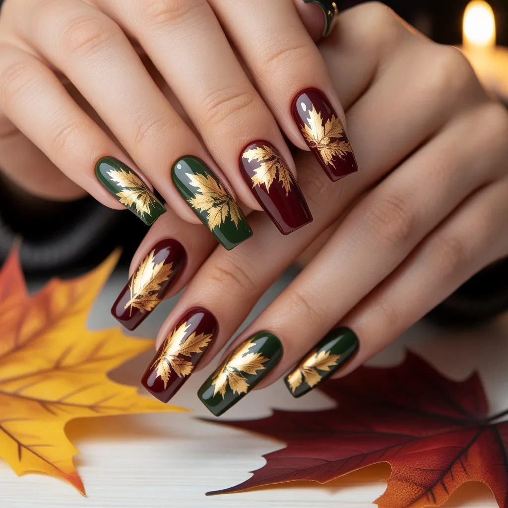 Golden Maple Outline Nails