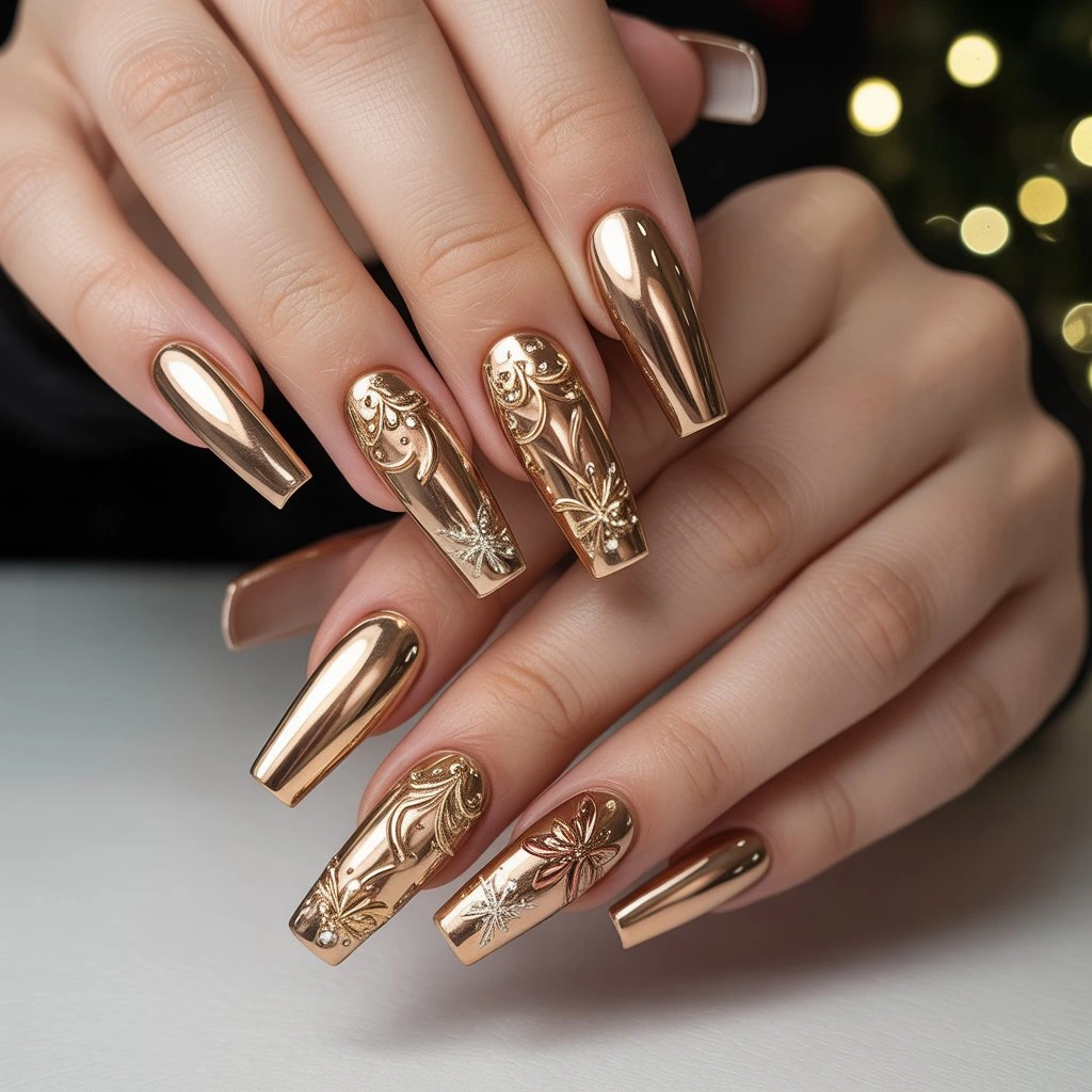 Golden Ornament Chrome Nails
