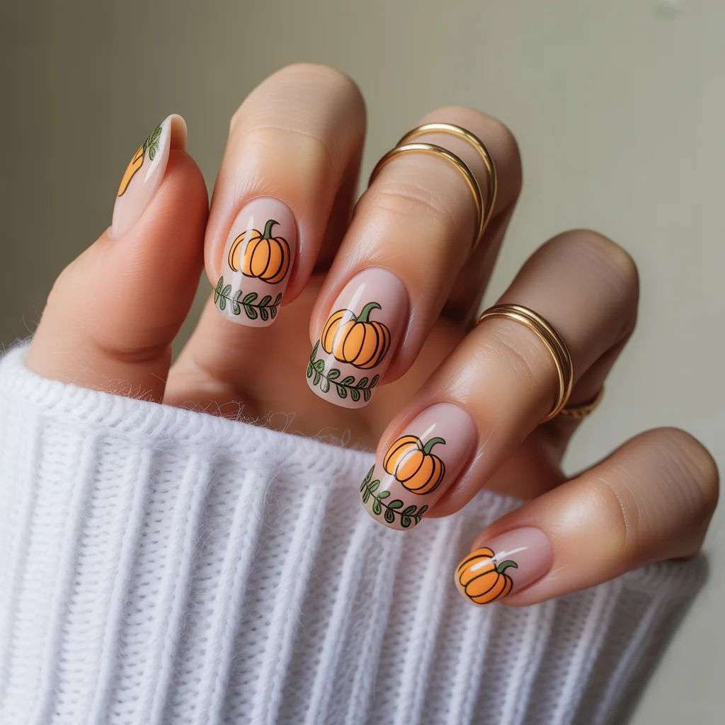 Golden Pumpkin Vine Nails