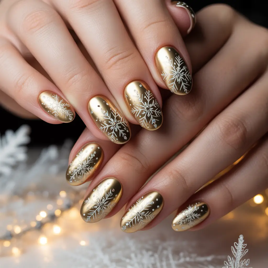 Golden Snowflake Oval Nails