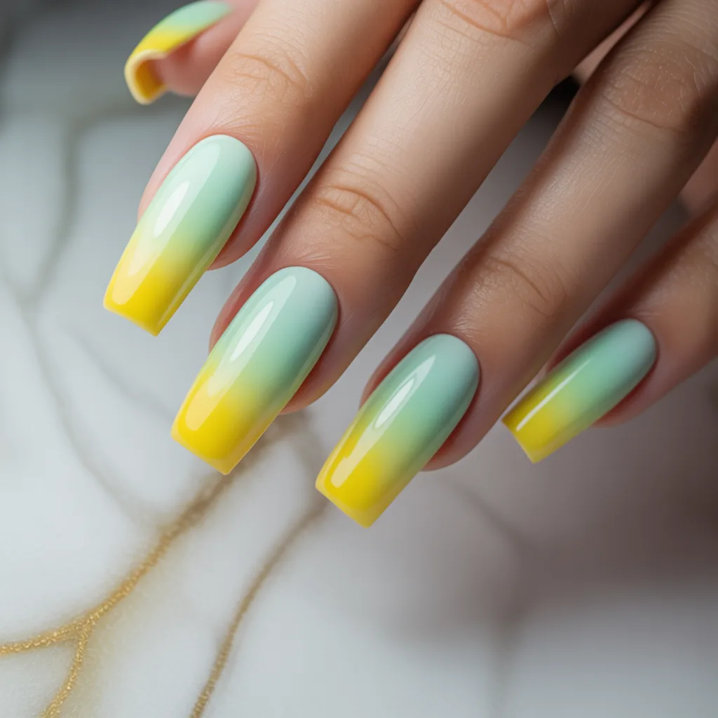 Gradient Mint & Yellow Nails