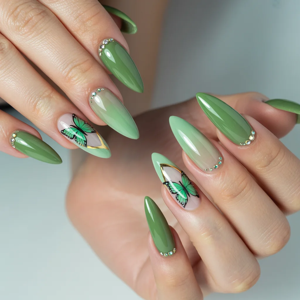 Green Butterfly Accent Nails