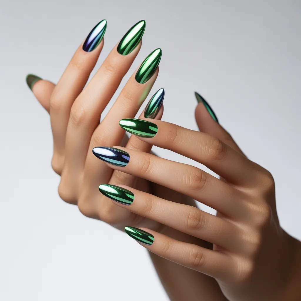 Green Chrome Shine Nails
