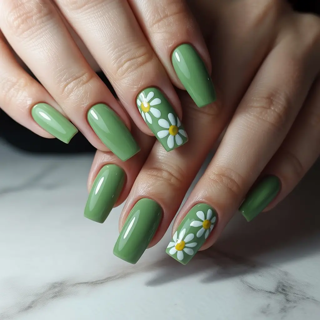 Green Daisy Accent Nails