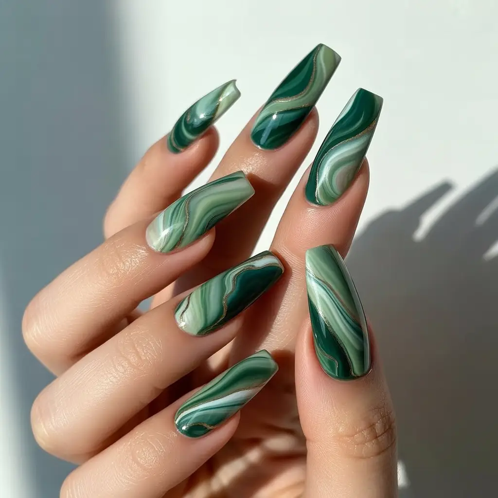 Green Marble Effect Nails