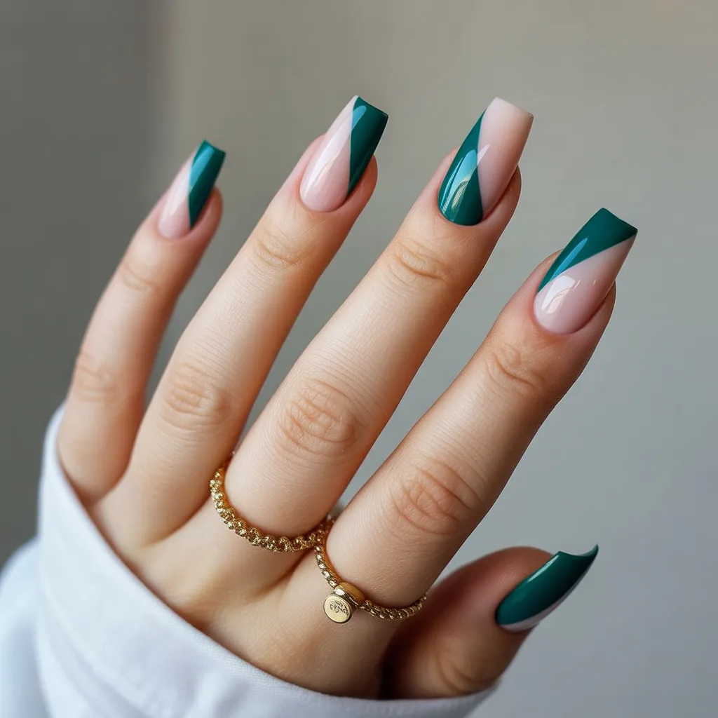 Green + Nude Color Blocking Nails