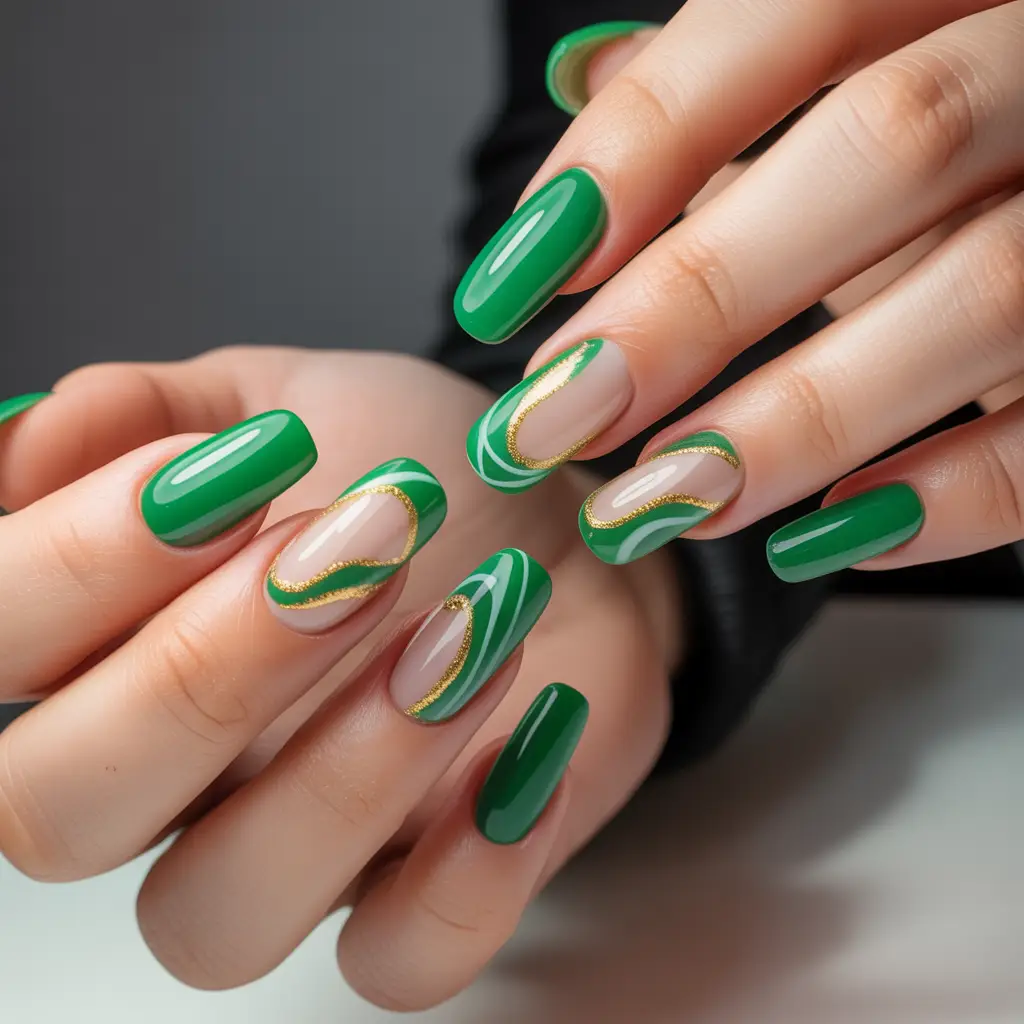 Green and Gold Swirl Nails